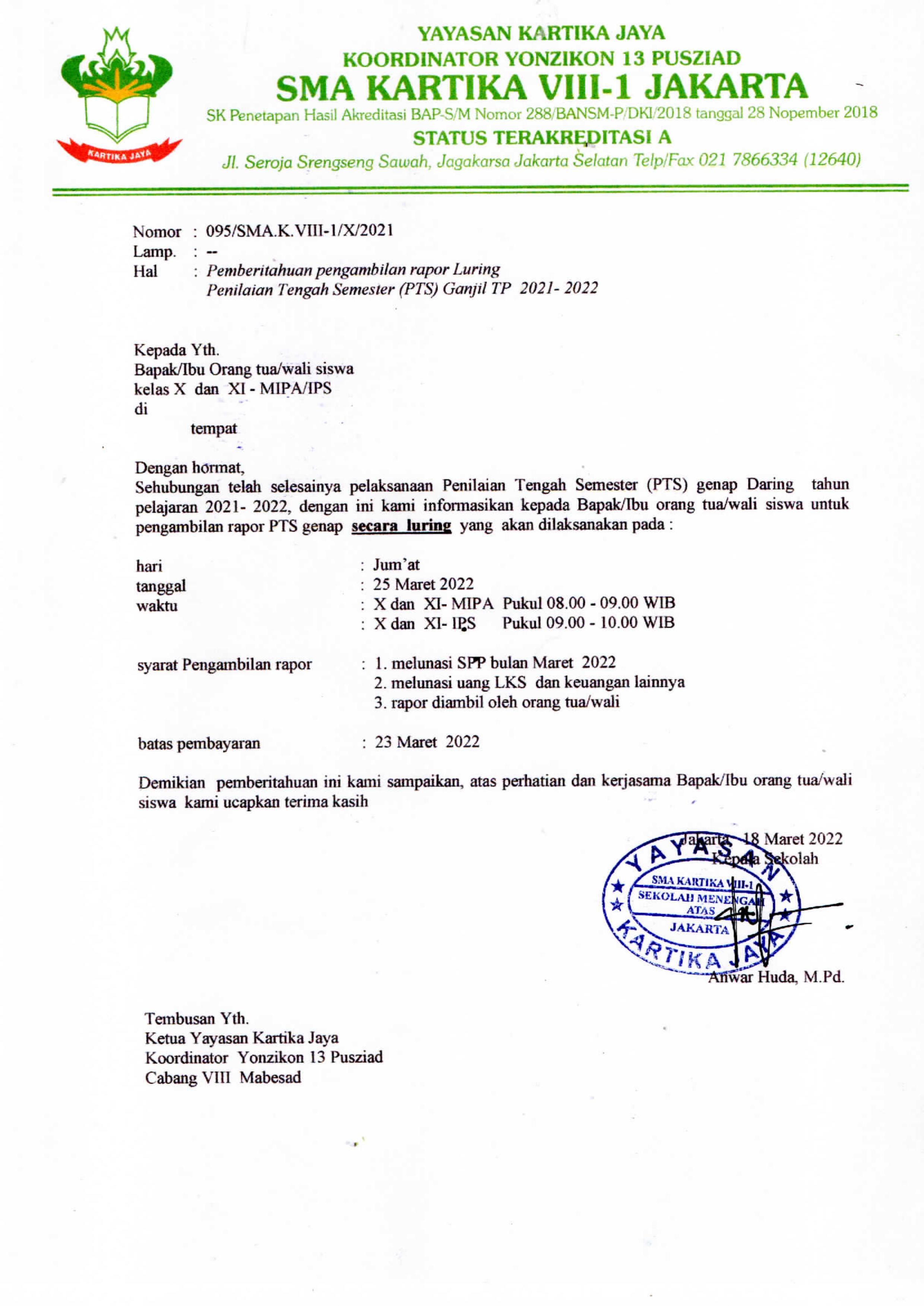 Edaran Pembagian Rapor PTS Genap 2122