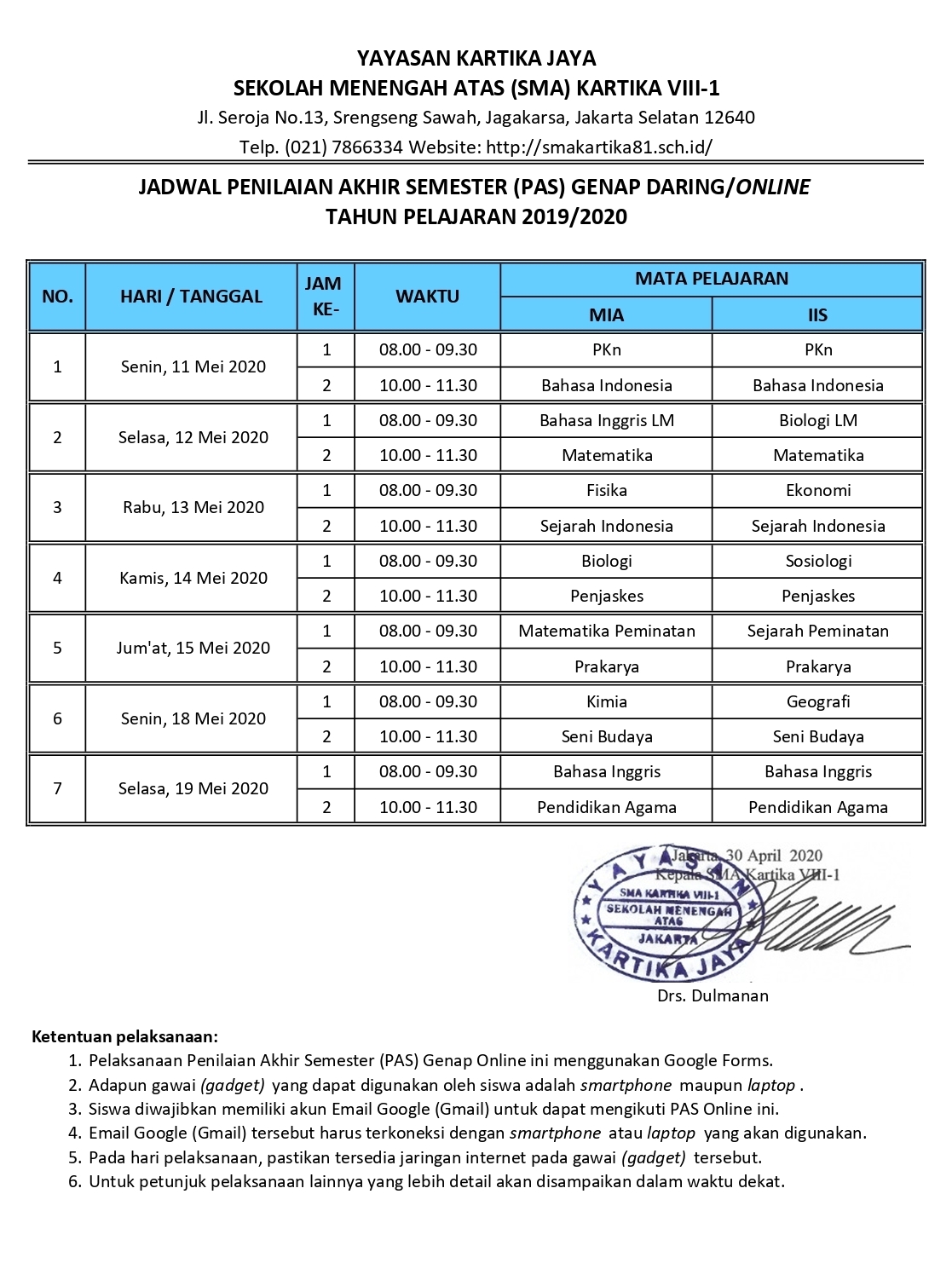 JADWAL PAS ONLINE